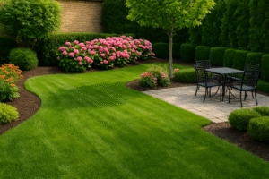 a lawn with a table and chairs
